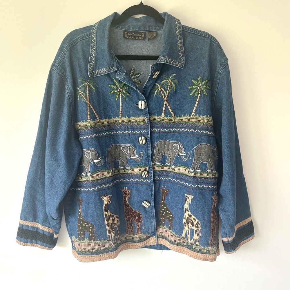 New Directions Denim Jacket Embroidered Safari Animals Giraffe Elephant Palm